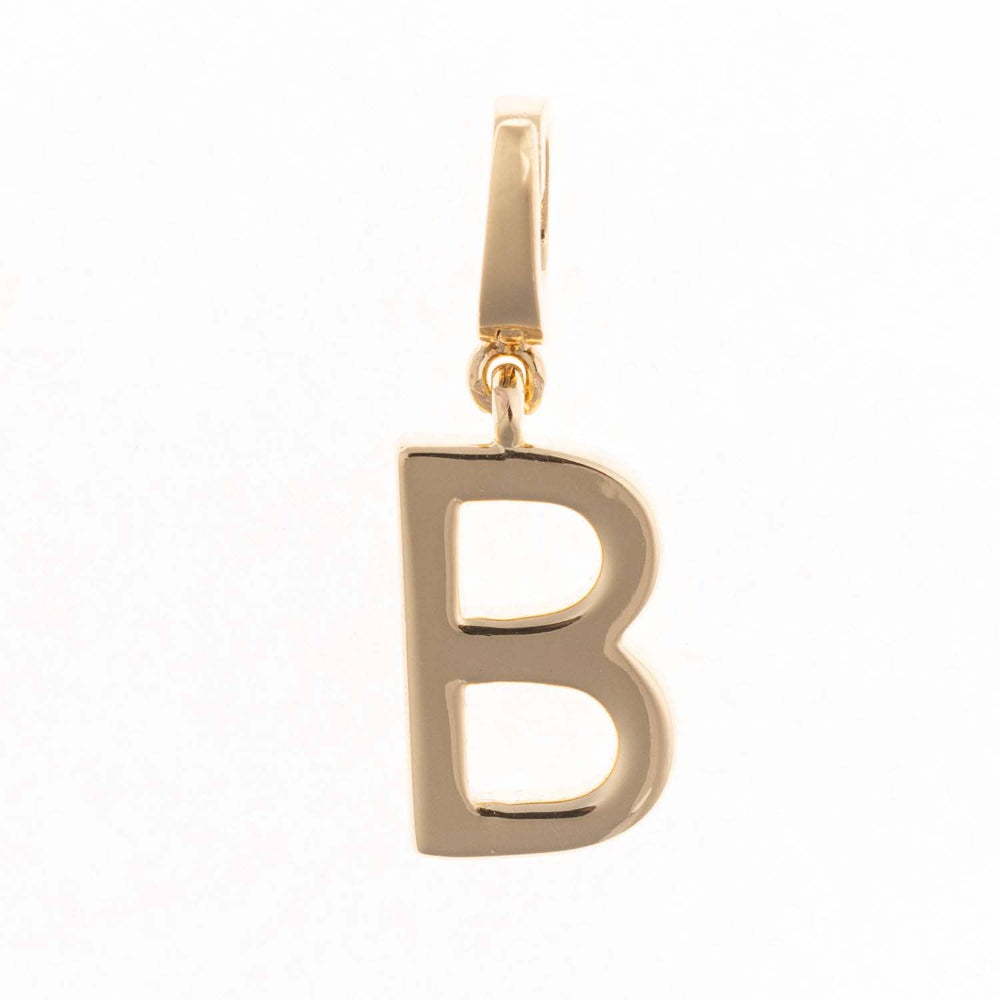 Gold charm pendant shaped in the capital letter "B" with a polished finish and top attachment bail.