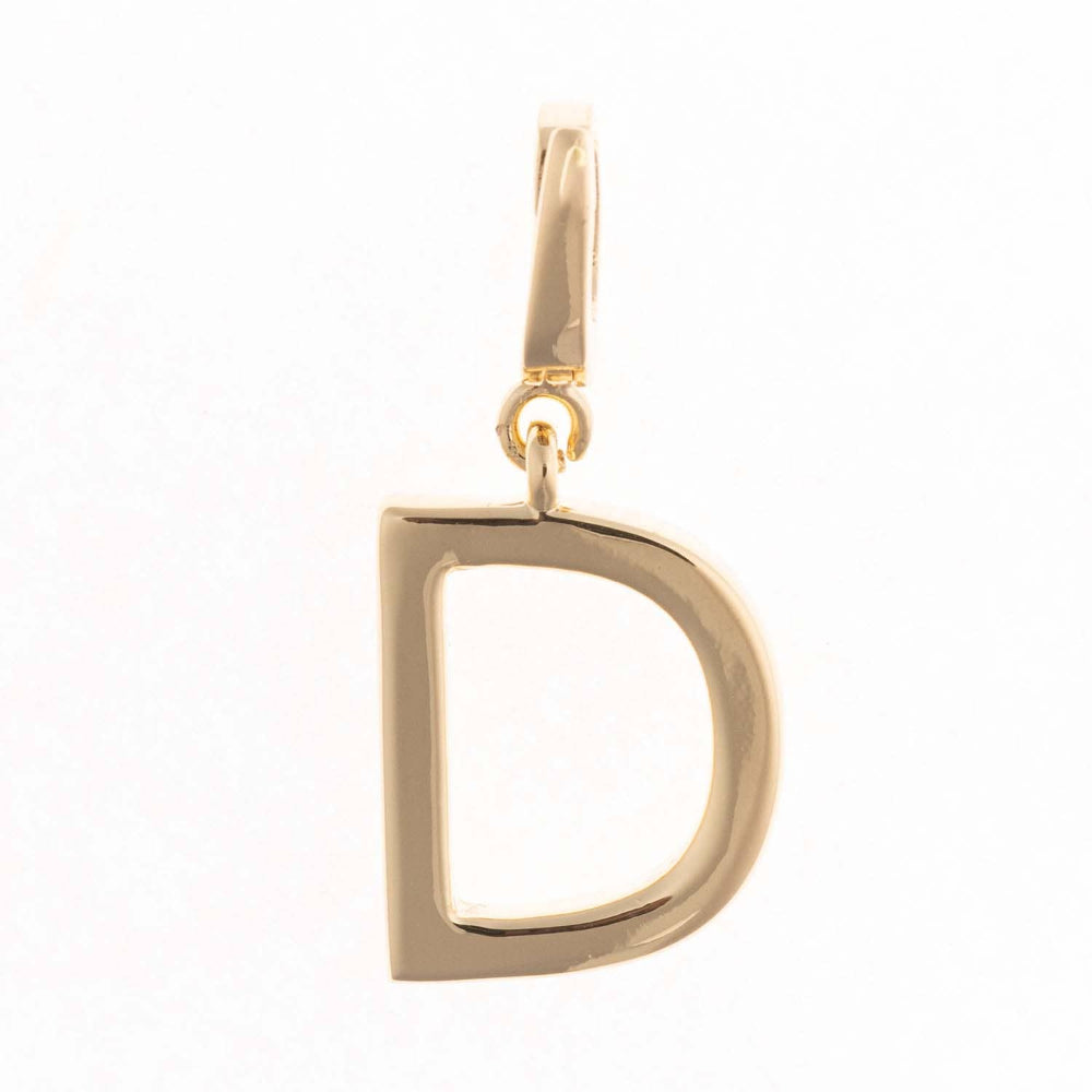 Gold charm pendant shaped in the capital letter "D" with a polished finish and top attachment bail.
