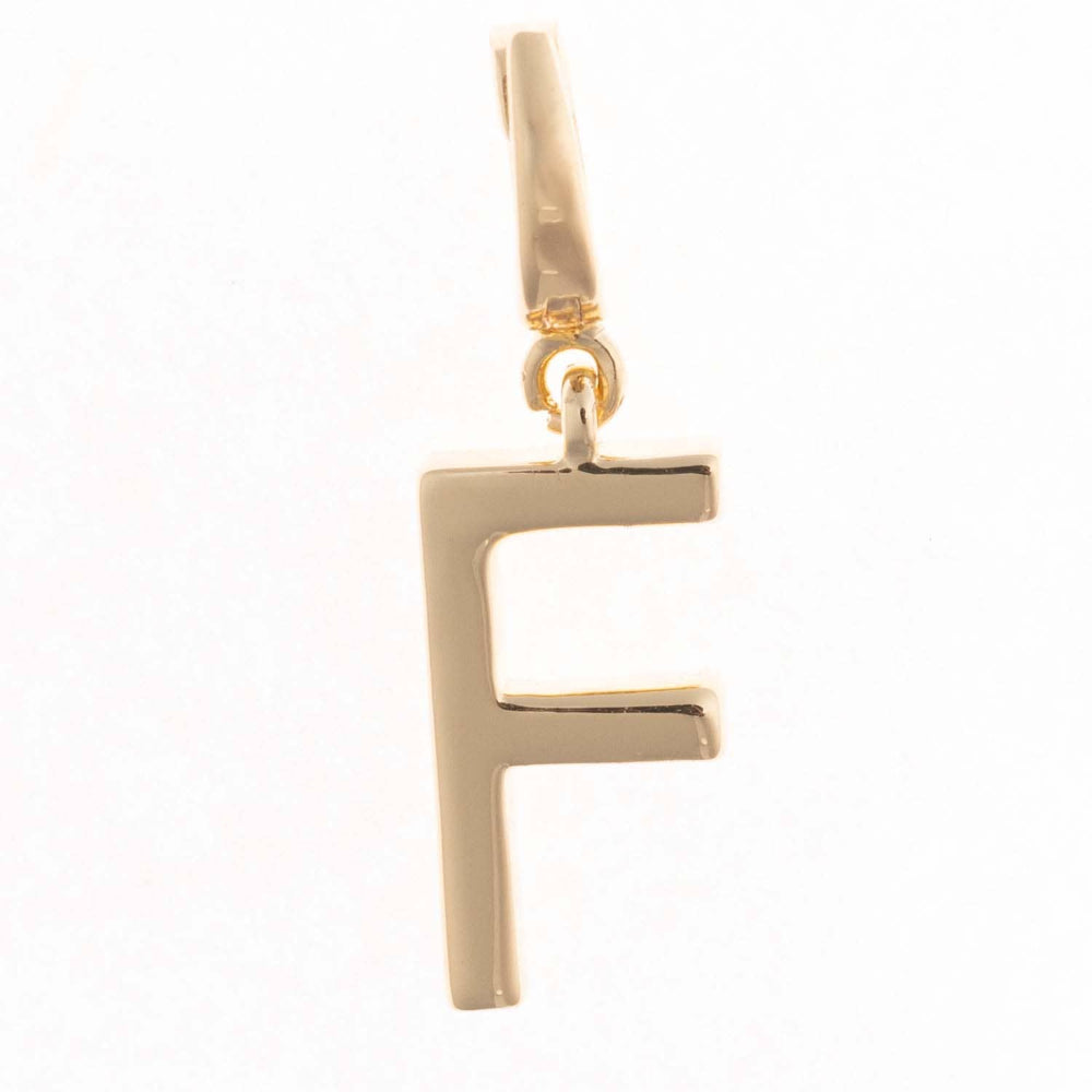 Gold charm pendant shaped in the capital letter "F" with a polished finish and top attachment bail.