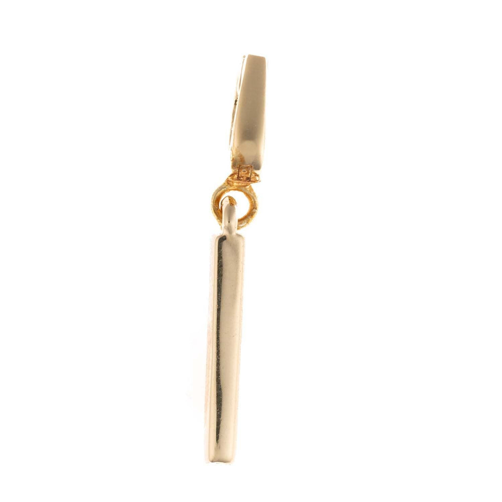 Gold charm pendant shaped in the capital letter "I" with a polished finish and top attachment bail.