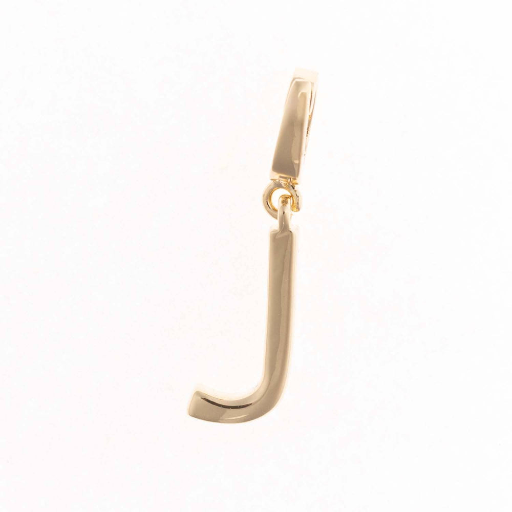 Gold charm pendant shaped in the capital letter "J" with a polished finish and top attachment bail.