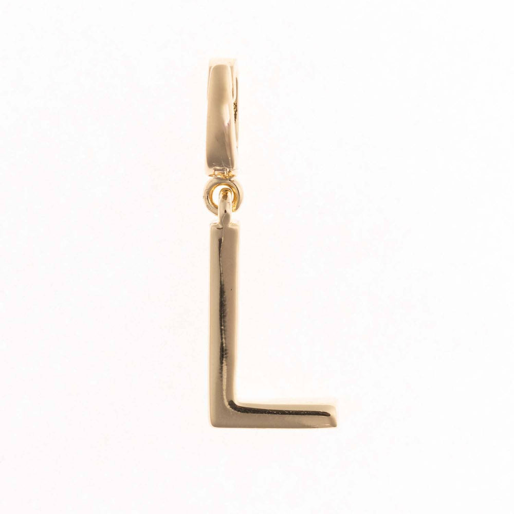 Gold charm pendant shaped in the capital letter "L" with a polished finish and top attachment bail.