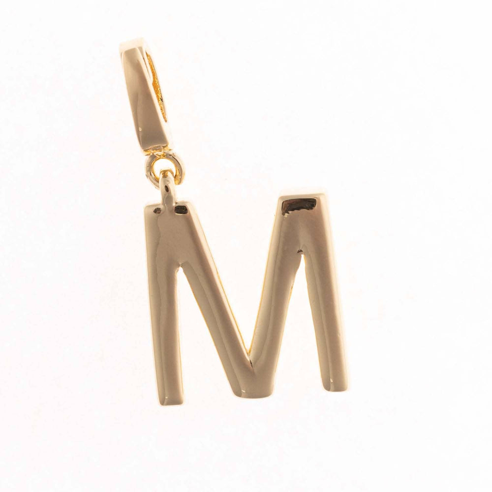 Gold charm pendant shaped in the capital letter "M" with a polished finish and top attachment bail.