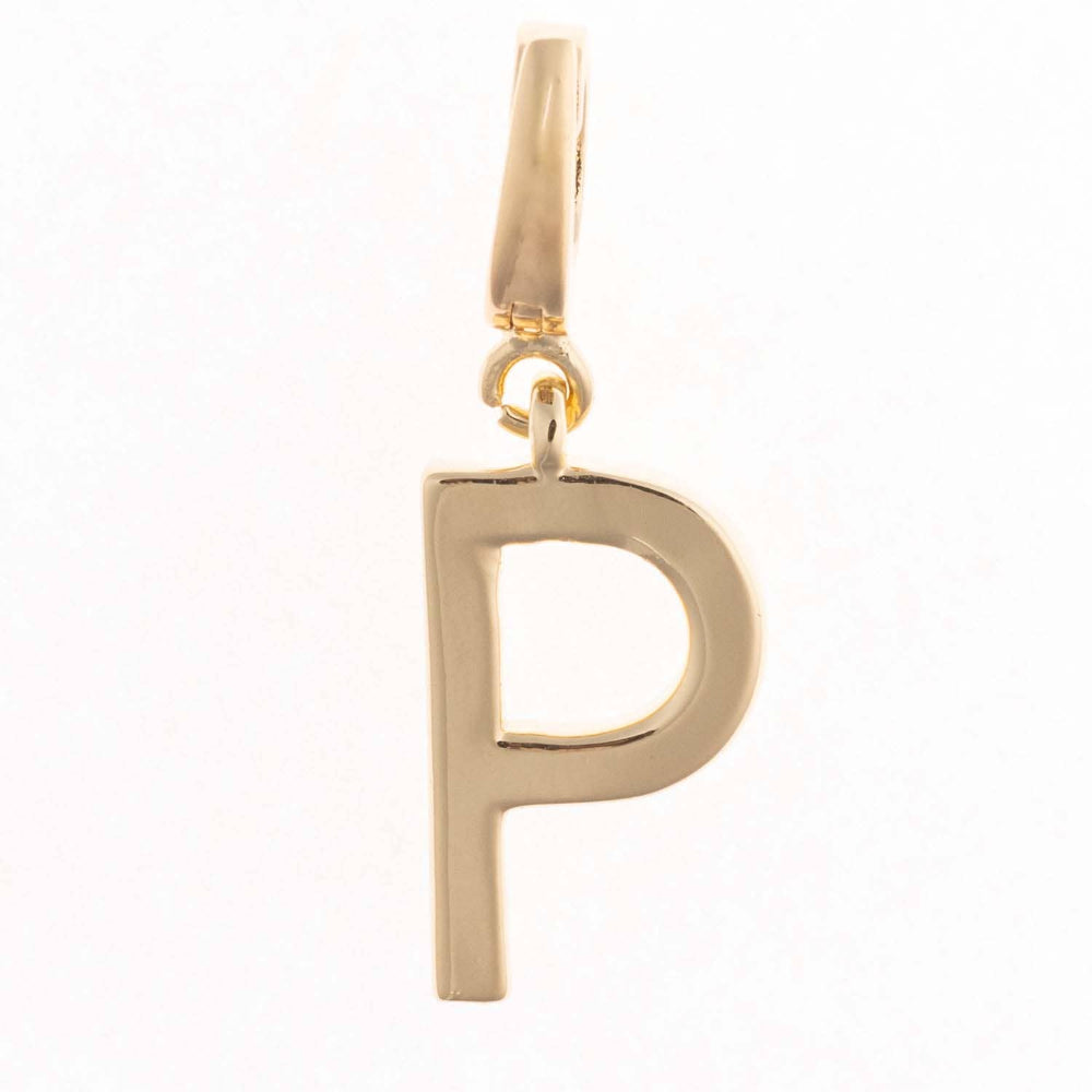 Gold charm pendant shaped in the capital letter "P" with a polished finish and top attachment bail.