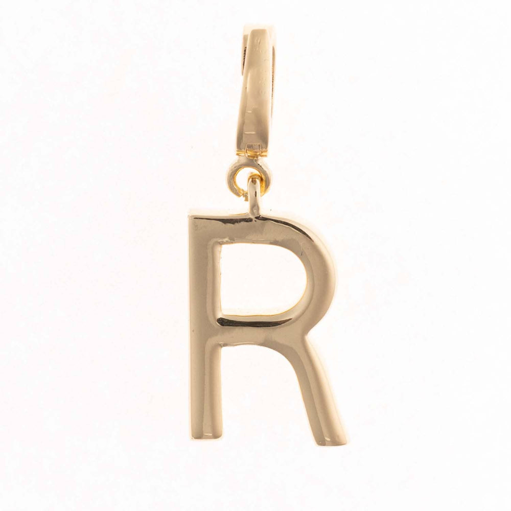 Gold charm pendant shaped in the capital letter "R" with a polished finish and top attachment bail.