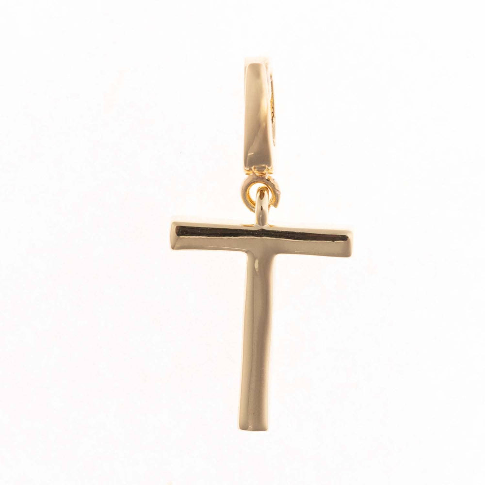 Gold charm pendant shaped in the capital letter "T" with a polished finish and top attachment bail.