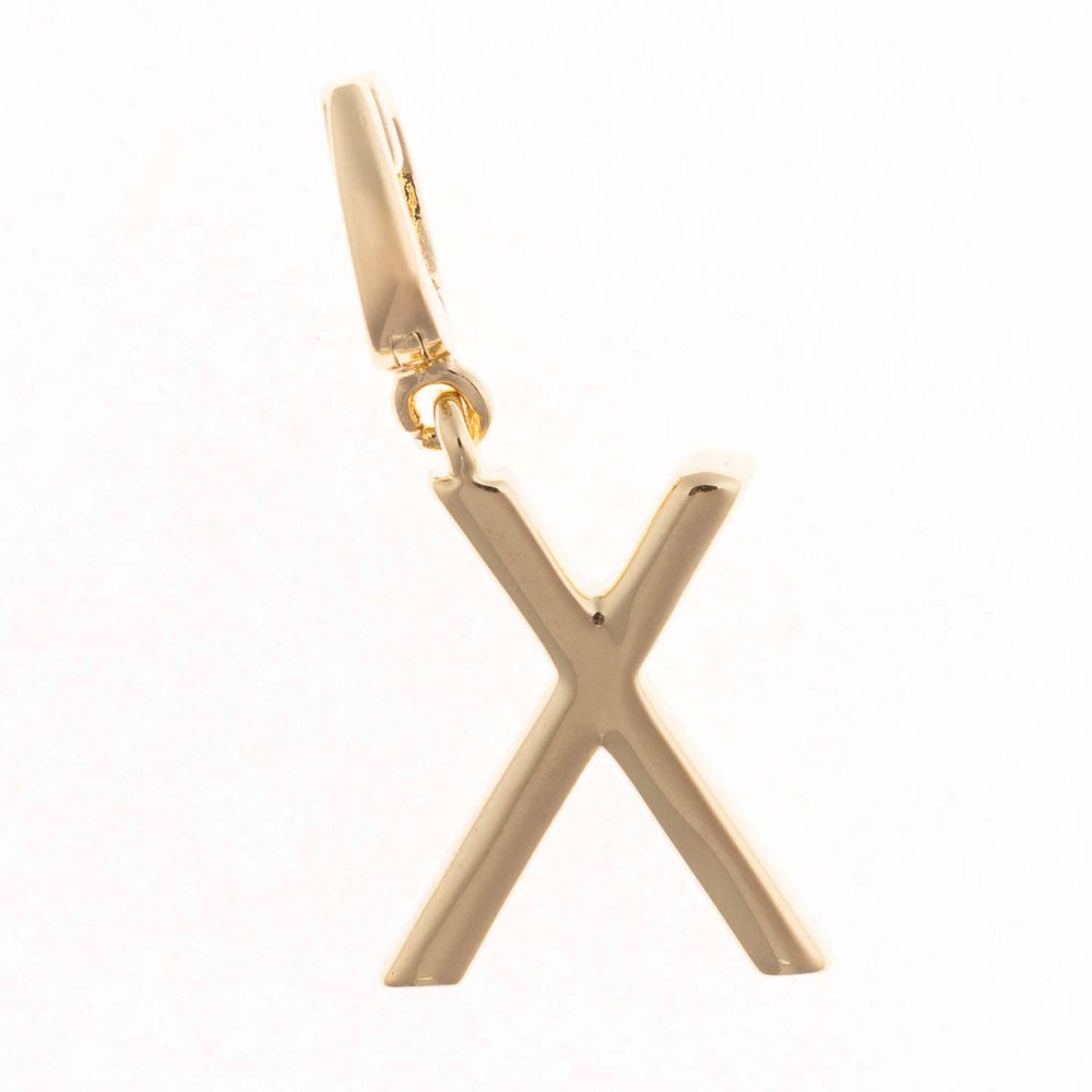 Gold charm pendant shaped in the capital letter "X" with a polished finish and top attachment bail.