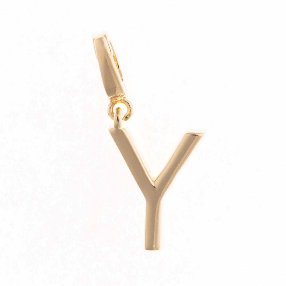 Gold charm pendant shaped in the capital letter "Y" with a polished finish and top attachment bail.