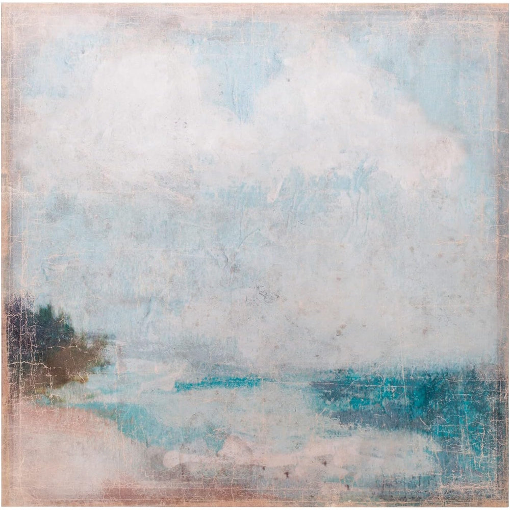 A distressed, square painting of a serene beach scene with a cloudy sky and turquoise water.