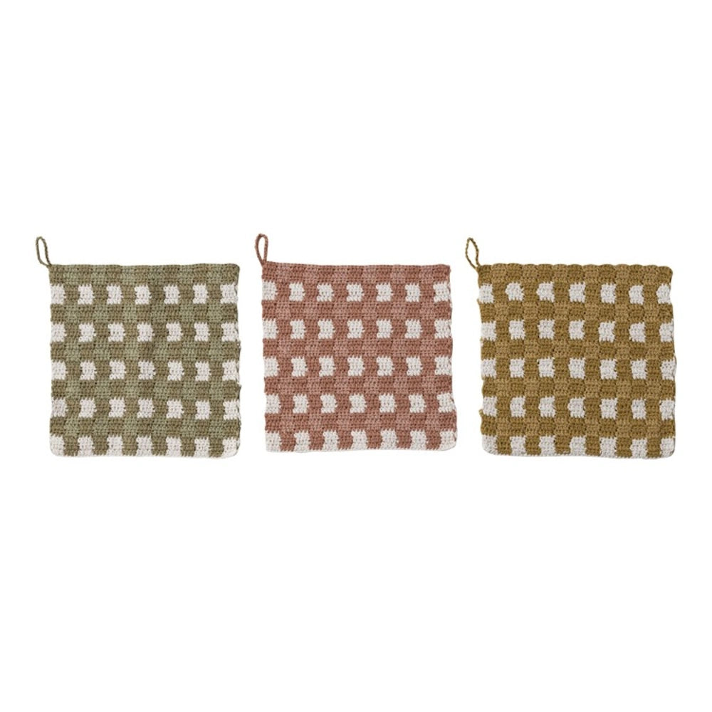 Square Cotton Crocheted Pot Holder with Check Pattern