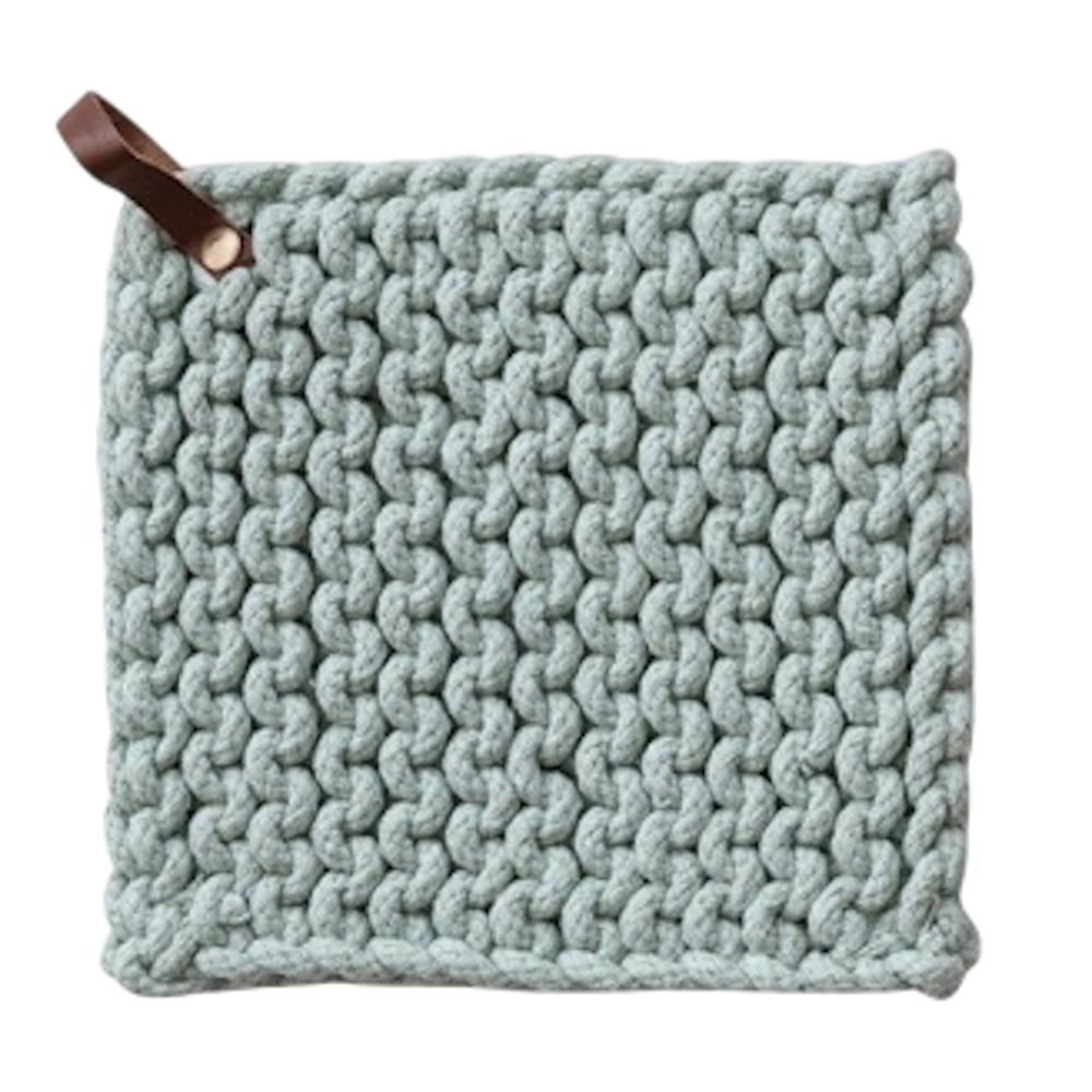 Light blue square crocheted cotton potholder featuring a chunky textured weave and a brown leather hanging loop.