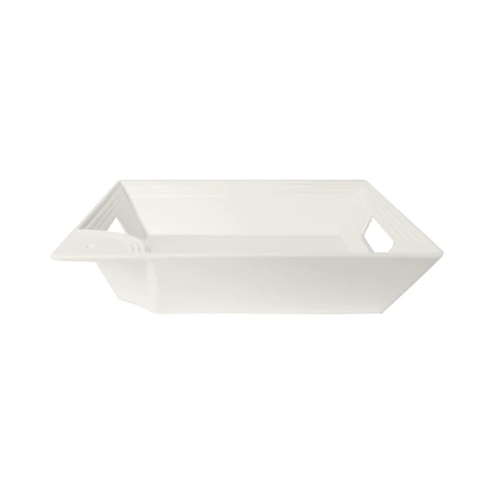 White square melamine serving tray with cutout handles and angled sides on a white background.