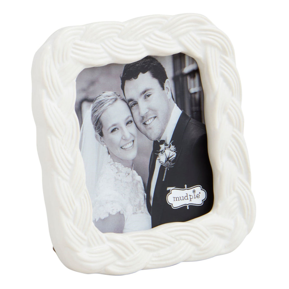 Mini white braided stoneware picture frame by Mud Pie featuring a square shape and textured woven detail.
