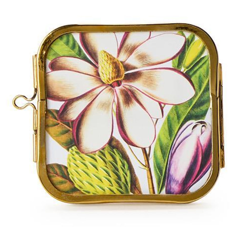 Square mini antique gold metal picture frame featuring a floral magnolia illustration.