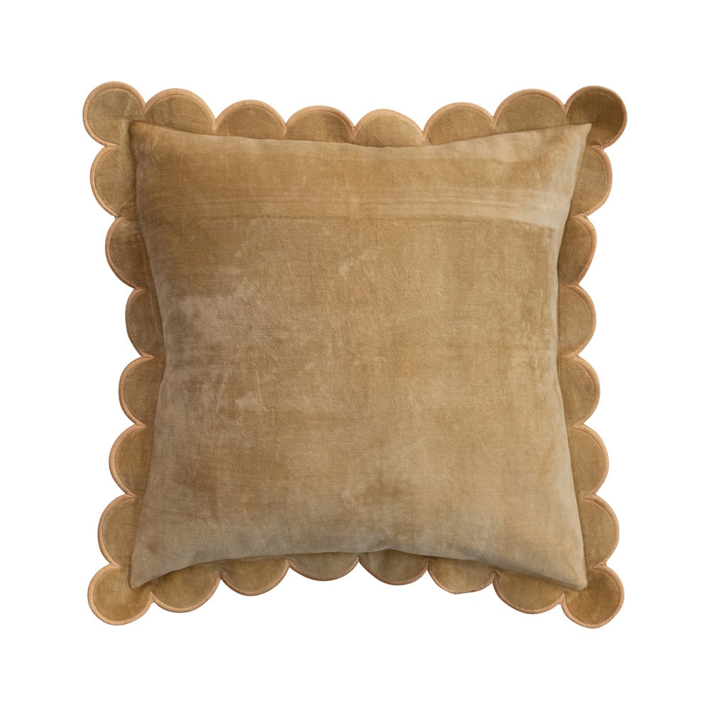 Square mustard yellow cotton velvet throw pillow with a decorative scalloped edge border.