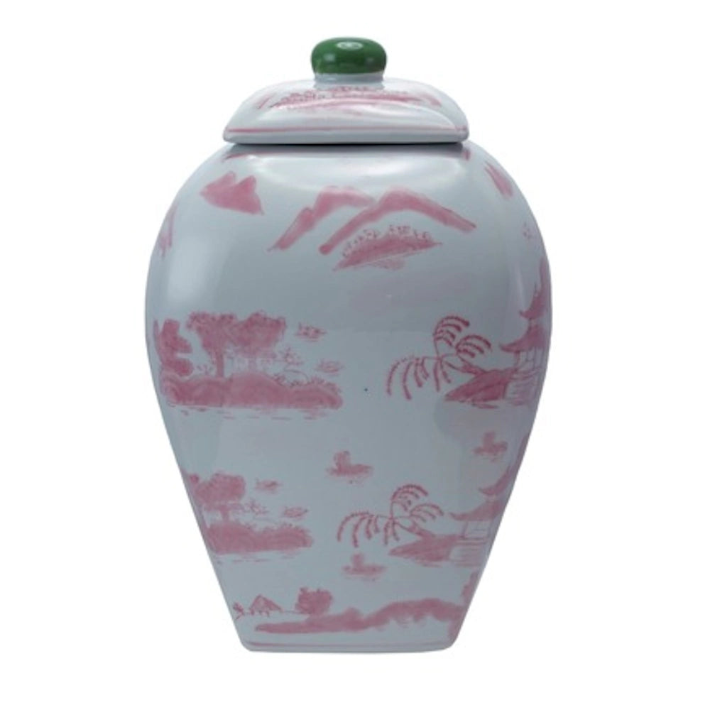 White stoneware ginger jar with pink landscape illustrations and a green knob on the lid.