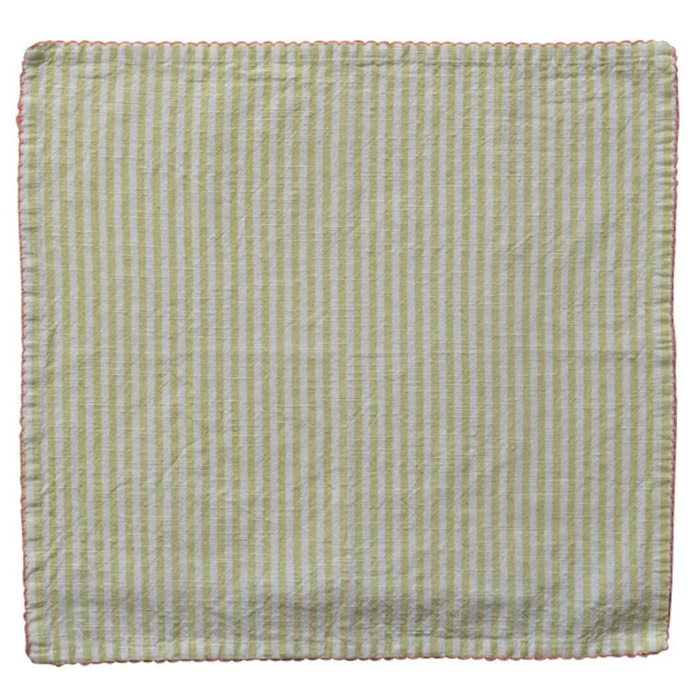 Square yellow and white striped linen napkin with scalloped pink embroidered edges for spring table decor.