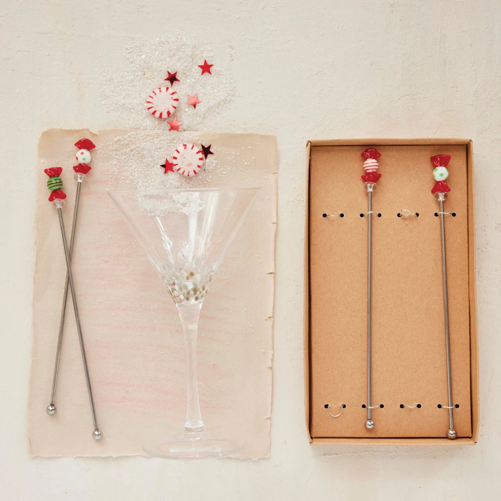 Set of 4 Stainless Steel Stirrers with Blown Glass Candies