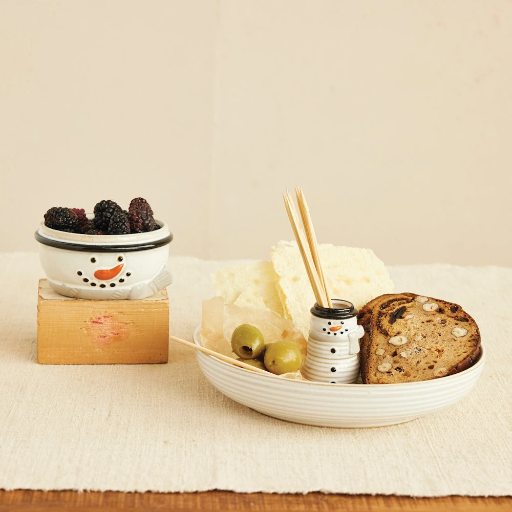 Stoneware Bowl with Snowman Shaped Toothpick Holder