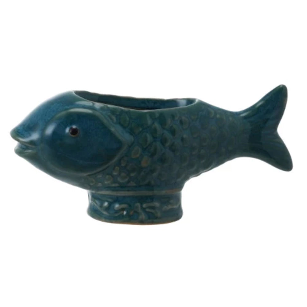Blue glazed ceramic fish planter with textured scales, small fish-shaped succulent pot for home decor.