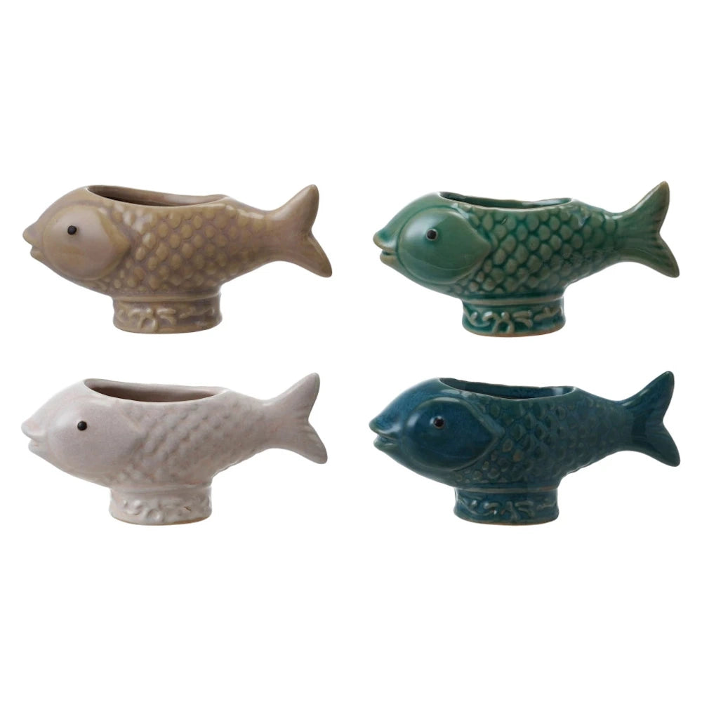 Set of 4 small ceramic fish succulent pots in assorted earthy tones and coastal colors for indoor home decor.