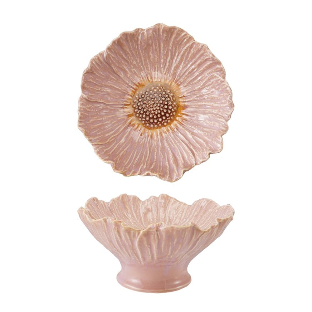 Top and side views of a light pink, stoneware, flower-shaped pedestal bowl with a textured petal design.