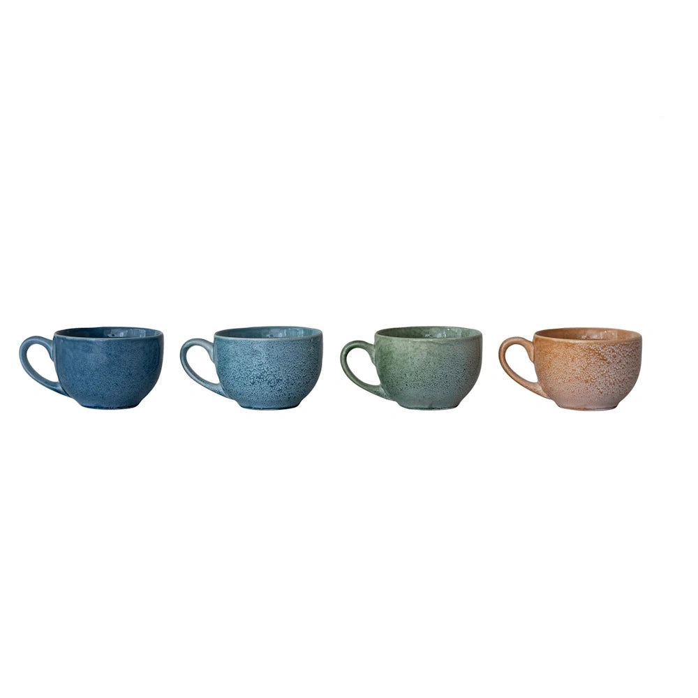 Set of four stoneware mug bowls in assorted blue, green, and tan reactive glazes on a white background.