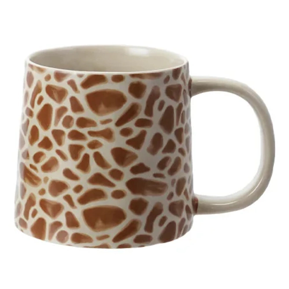 Giraffe print stoneware mug, safari animal themed kitchenware and coffee cup.