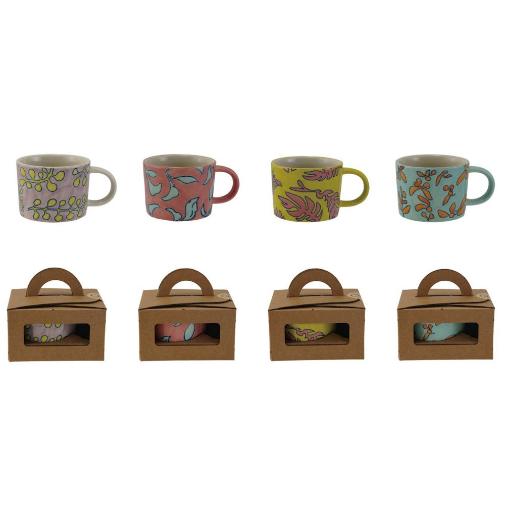 Four colorful botanical-patterned stoneware mugs paired with individual brown gift boxes.