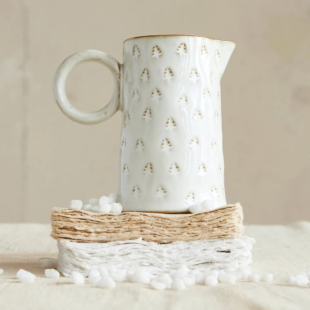 White Stoneware Pitcher with Trees & Gold Electroplating