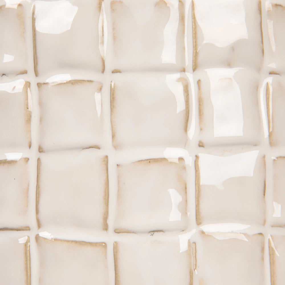 Glossy white square ceramic mosaic tiles with rustic brown grout lines for kitchen backsplash or bathroom wall.