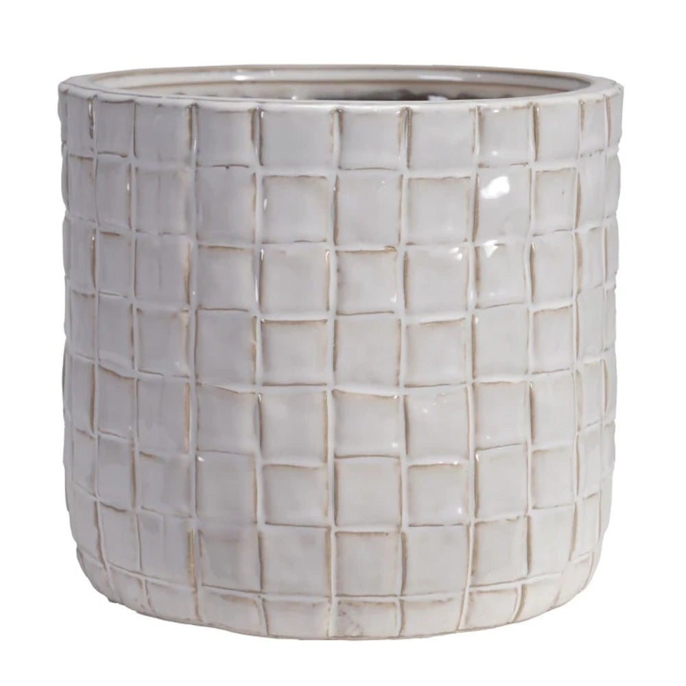 White textured ceramic planter with a square grid pattern, modern indoor cylinder pot for house plants.