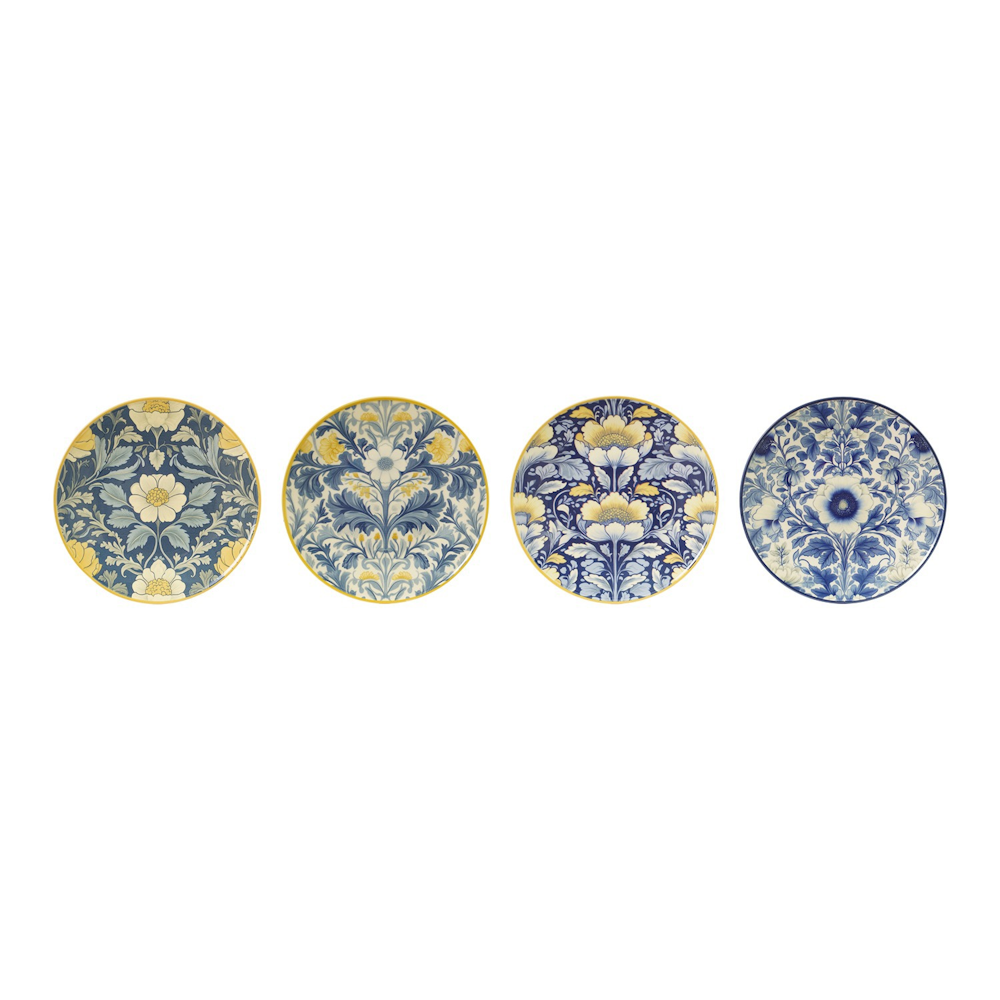 Set of four round plates featuring blue and yellow botanical and floral patterns.