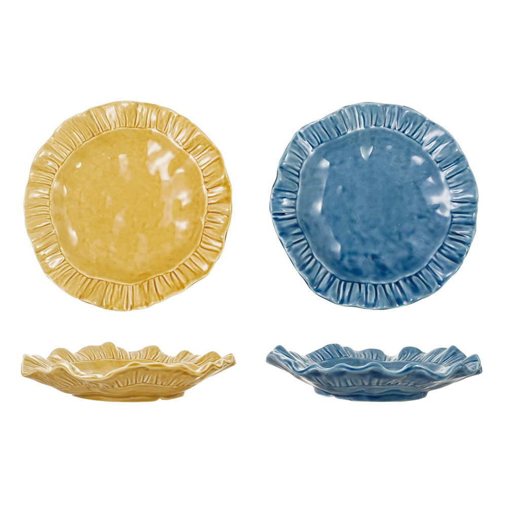 Glossy yellow and blue ceramic plates with ruffled rims, shown from top and side views.