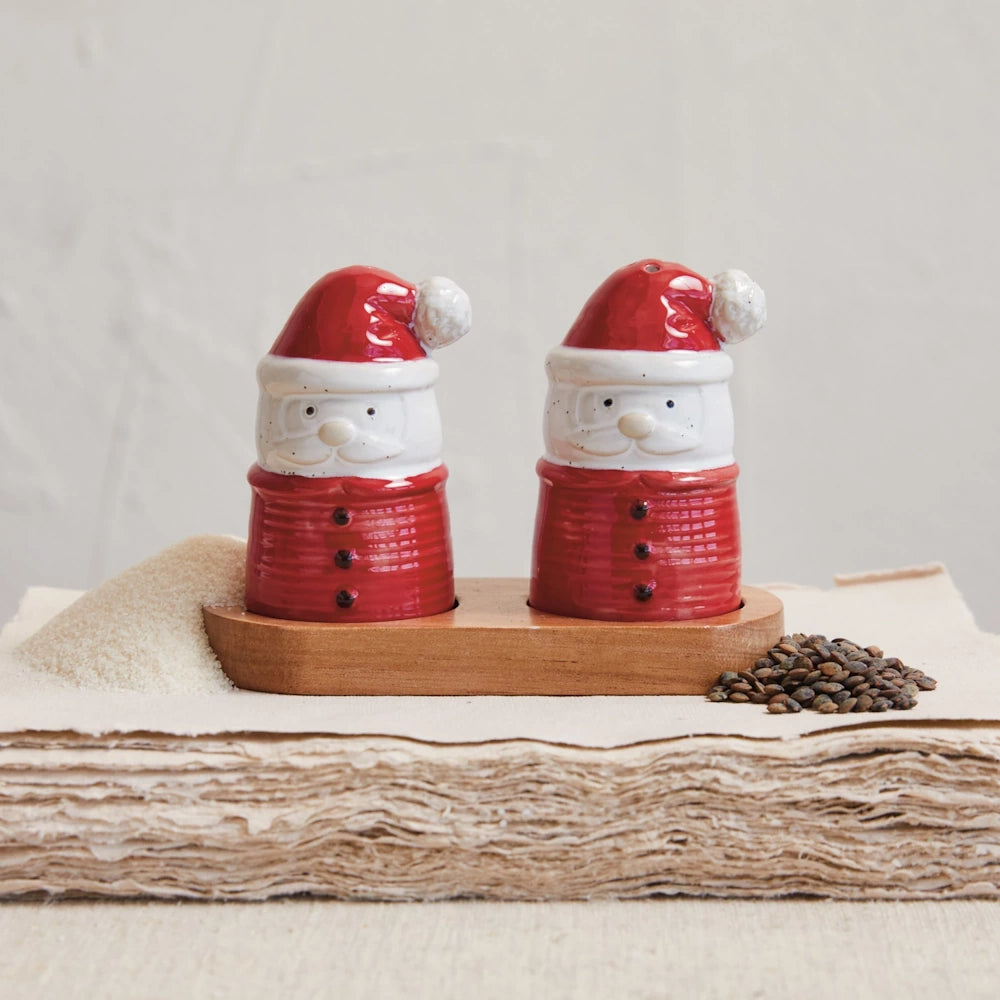 Stoneware Santa Shaped Salt & Pepper Shakers with Tray