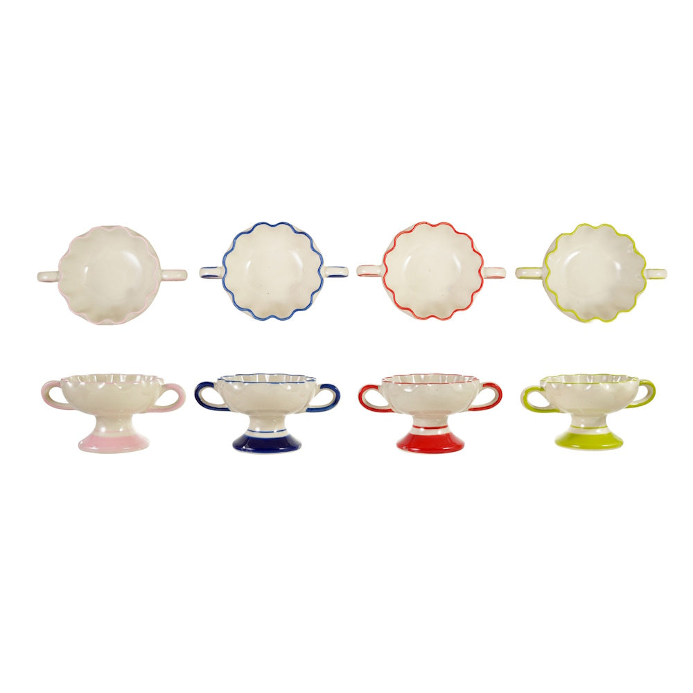 Four scalloped ceramic footed bowls with handles in pink, blue, red, and green trim shown from two angles.