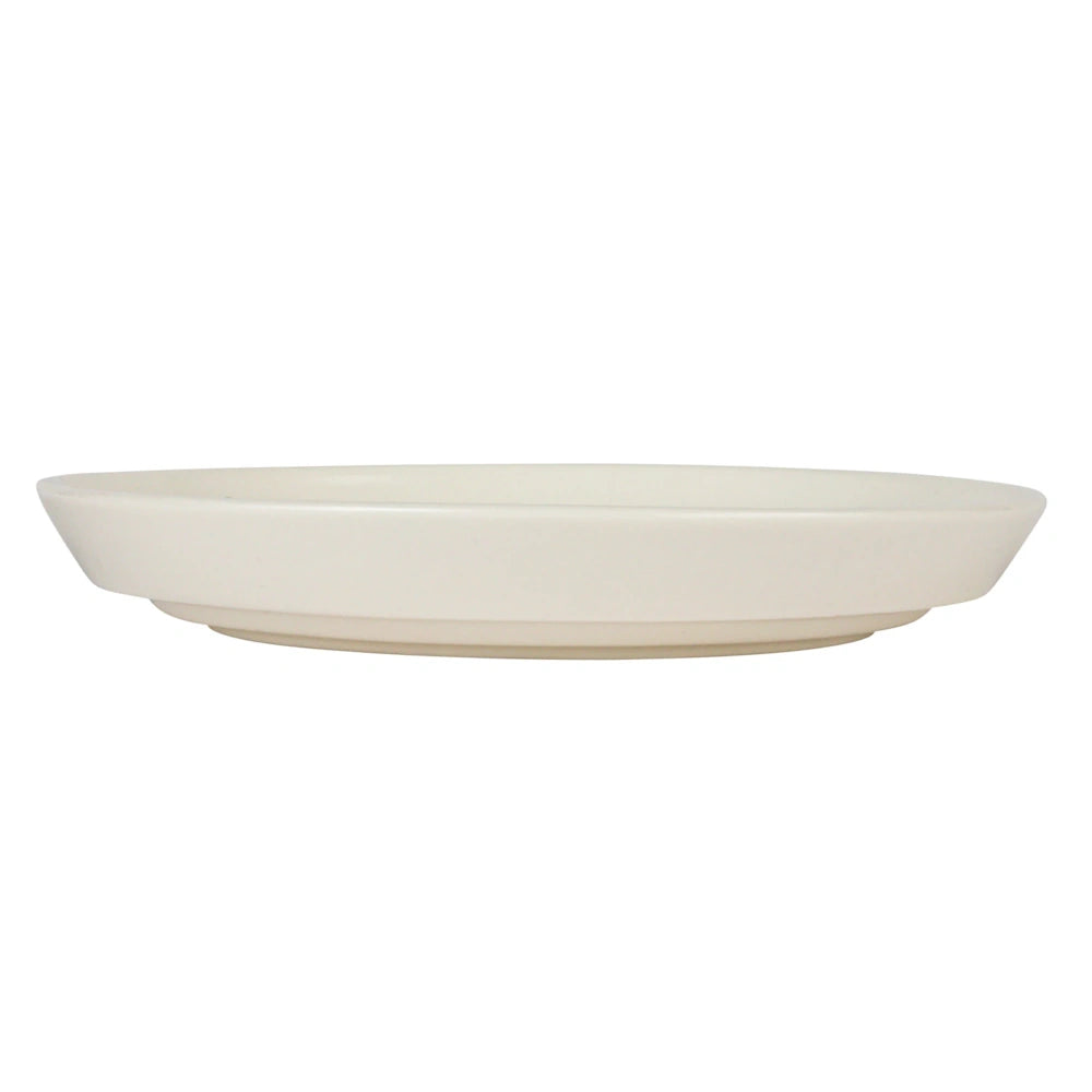 White stoneware serving dish component for acacia wood pedestals.