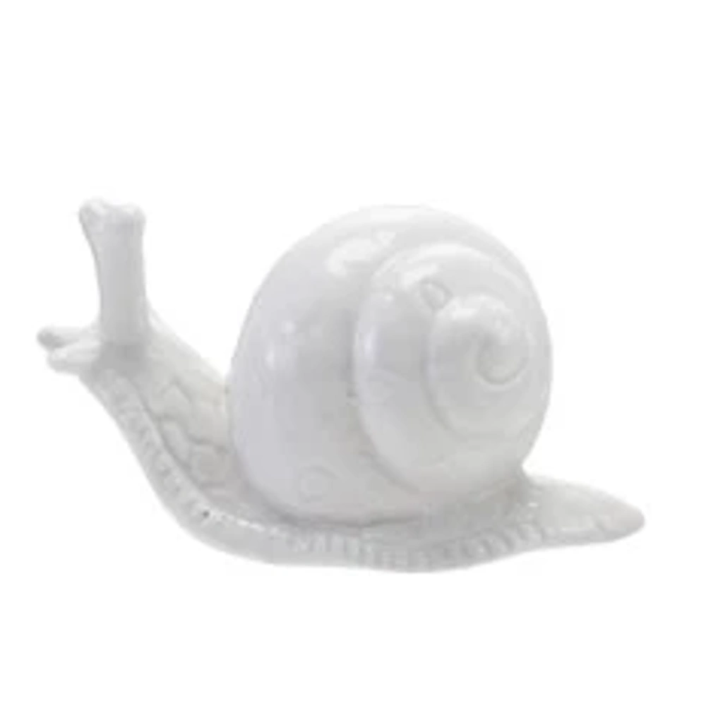 White ceramic stoneware snail figurine with a glossy finish and spiraled shell on a white background.