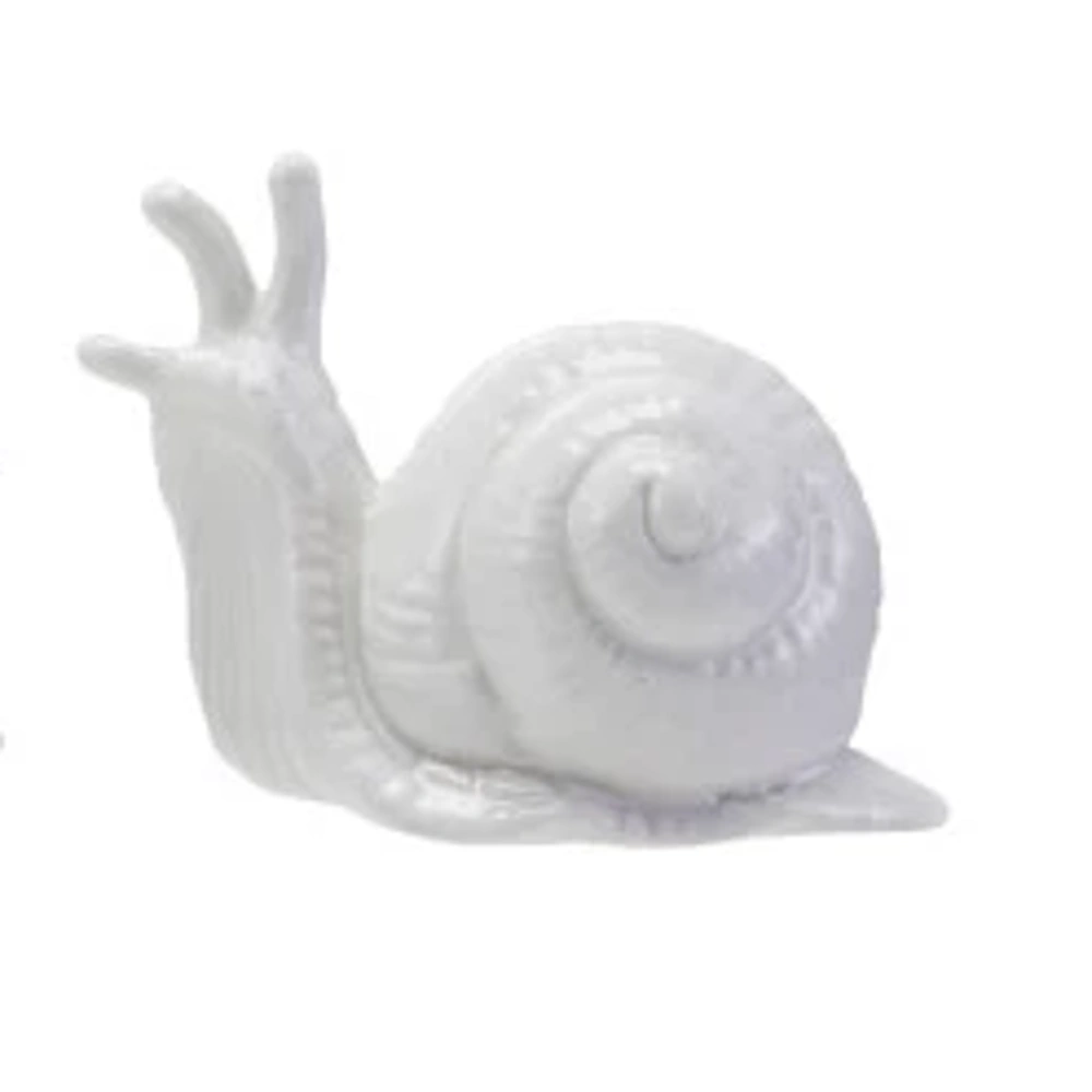 White ceramic snail figurine, minimalist stoneware animal sculpture for home decor on a white background.
