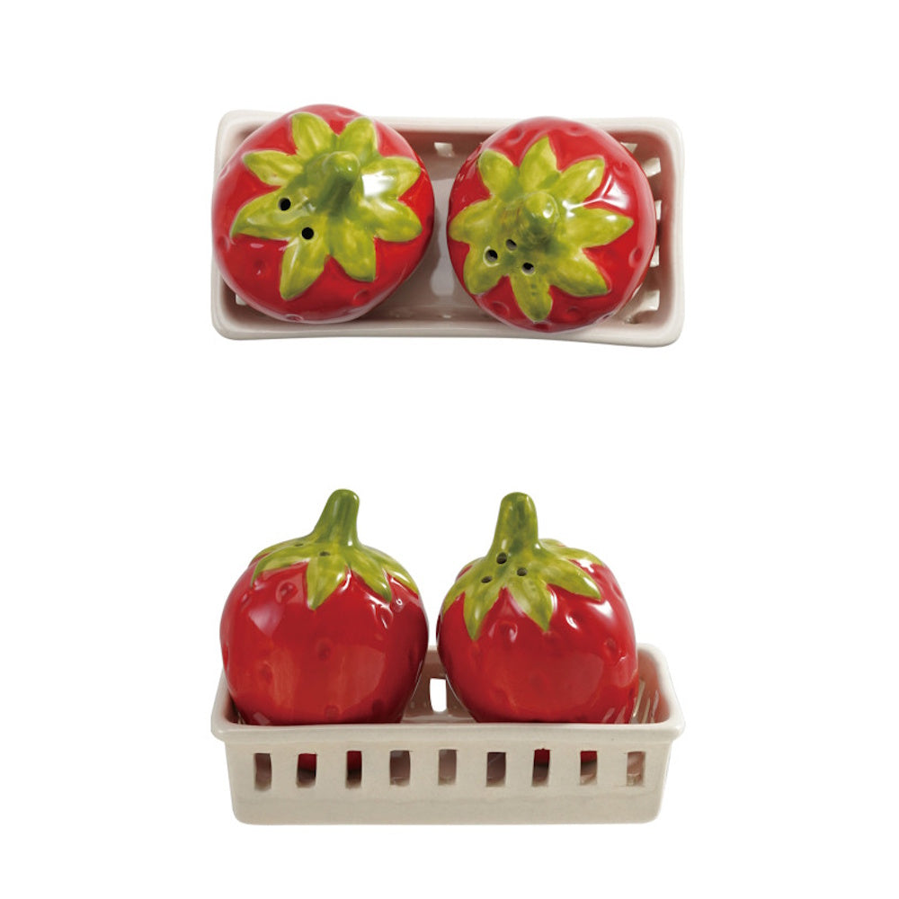 Pair of strawberry-shaped ceramic salt and pepper shakers in a miniature crate, shown from two angles.