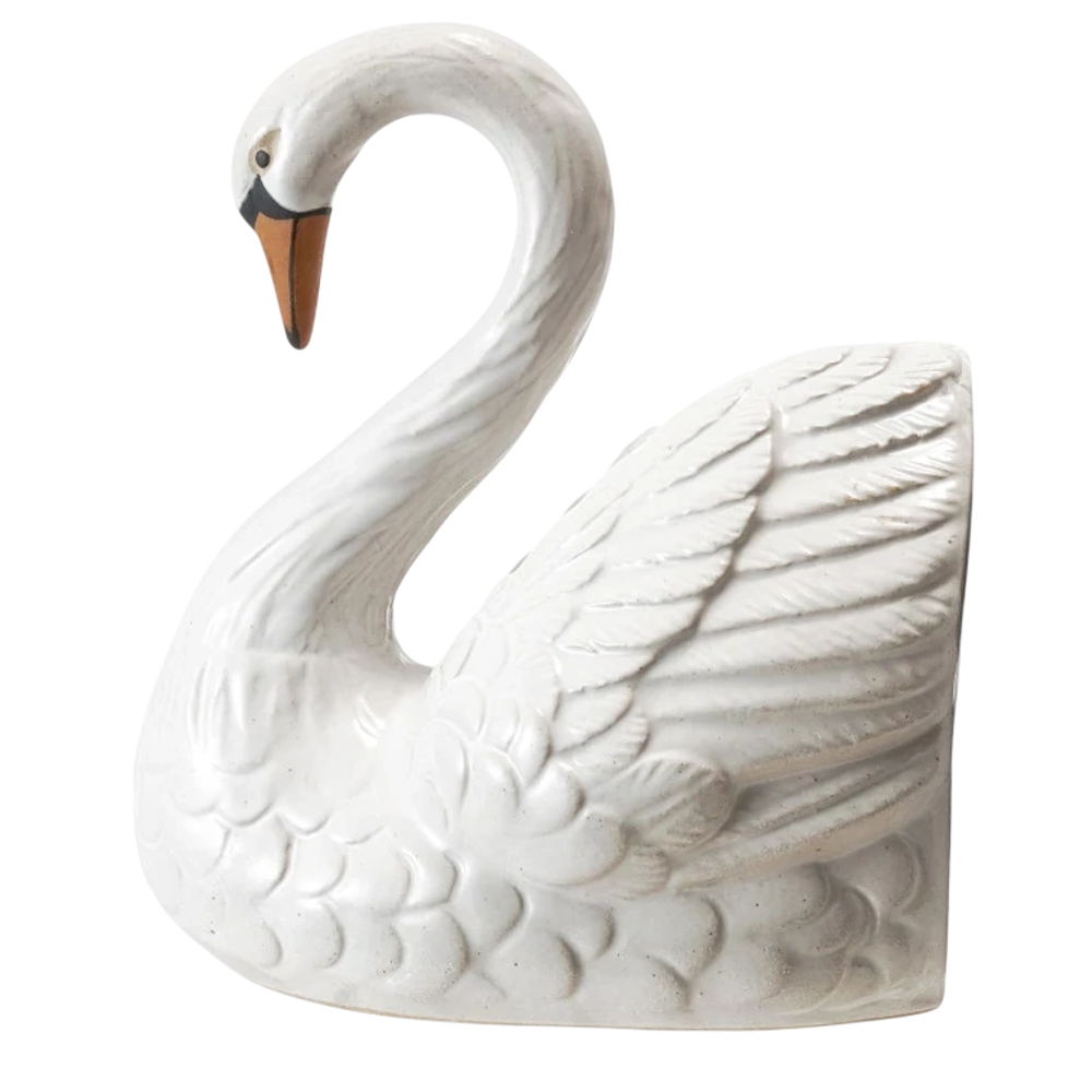 Elegant white ceramic swan bookend with detailed feathers and orange beak, vintage style home decor.