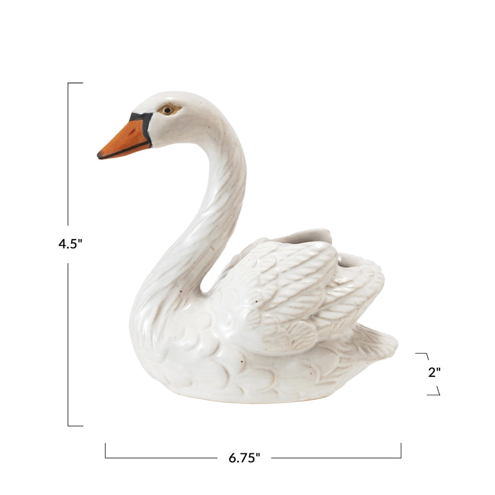 White swan toothpick holder showing 4.5 inch height, 6.75 inch length, and 2 inch dimensions.
