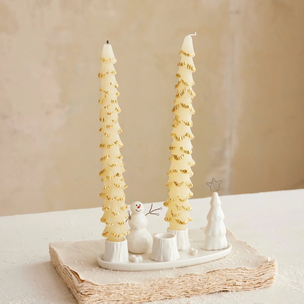 Stoneware Taper Holders with Snowman and Tree