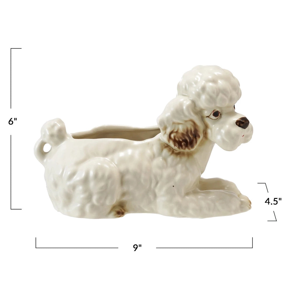 White ceramic poodle planter dimensions: 9 inches long by 6 inches high on white background.