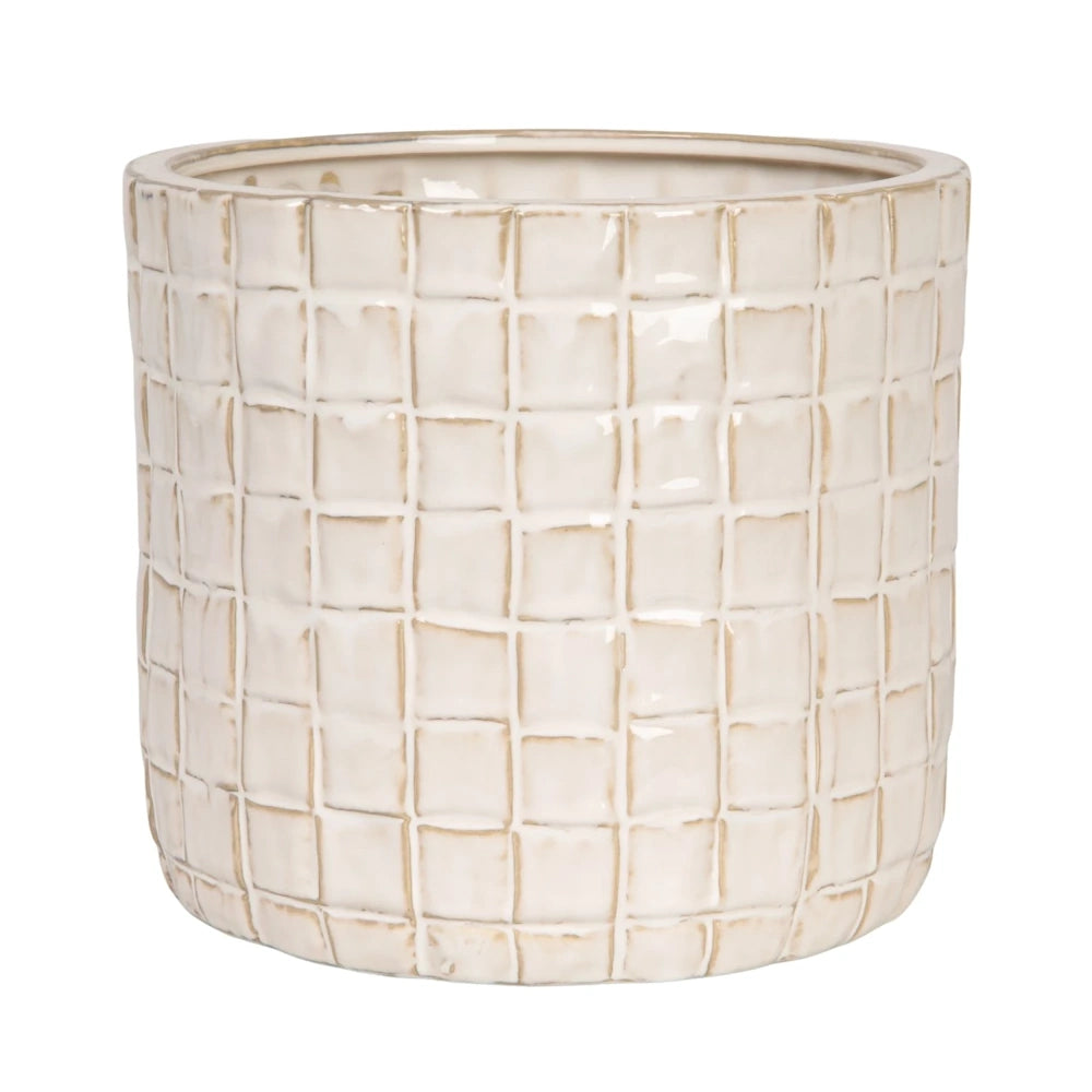 Cream ceramic cylindrical planter with a raised square grid texture and glossy finish on a white background.