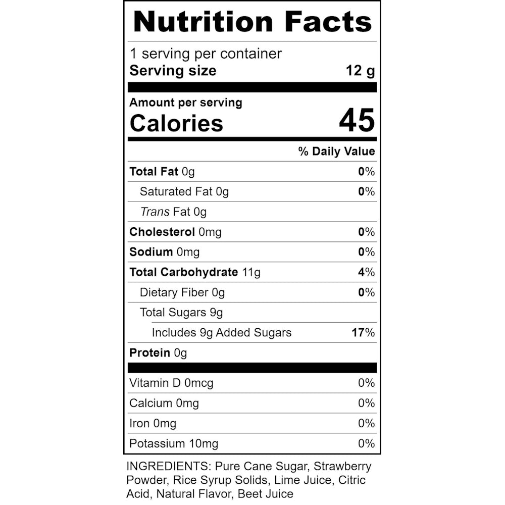 Nutrition Facts label for a strawberry drink mix showing 45 calories, 11g carbohydrates, and 9g added sugars.