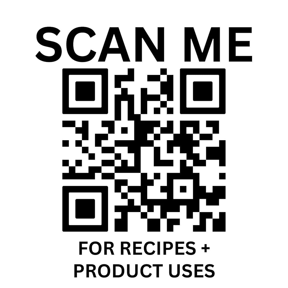 QR code with "SCAN ME" text above and "FOR RECIPES + PRODUCT USES" text below on a plain white background.