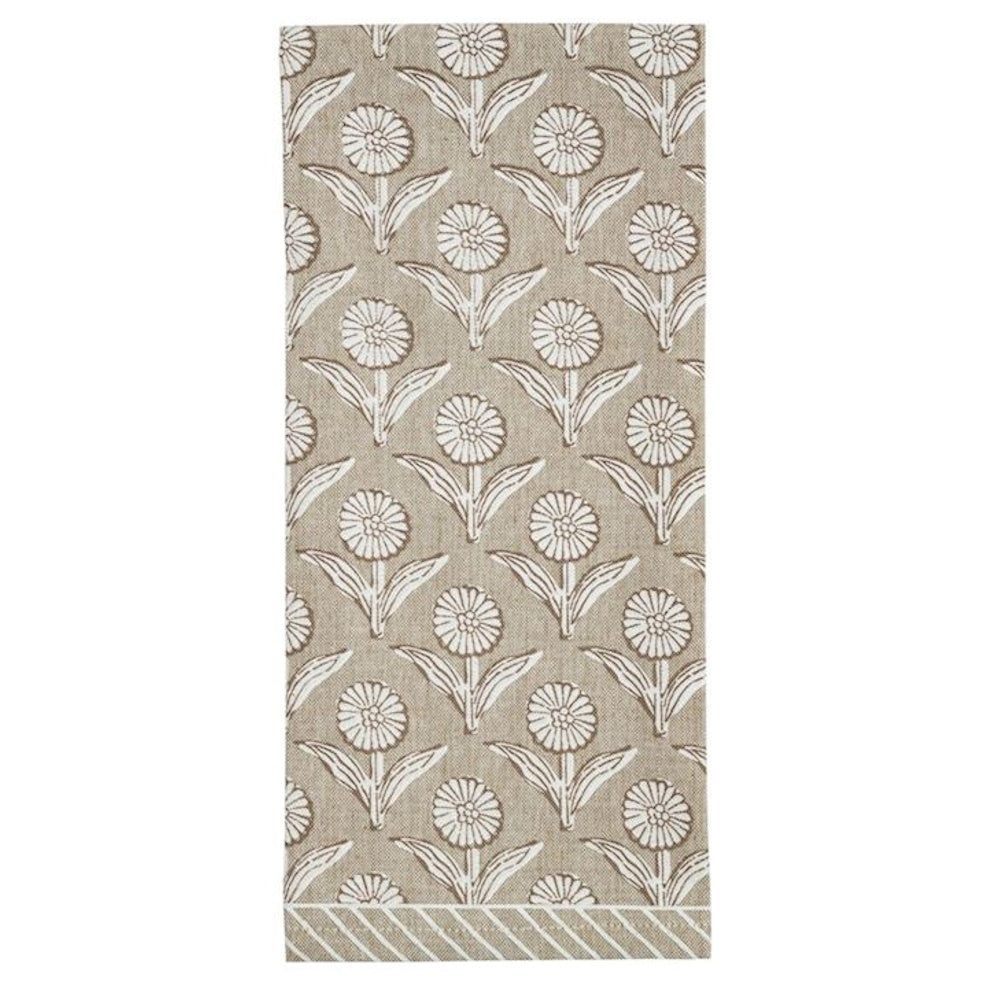 Taupe floral tea towel with white block-print flowers and a striped bottom border on a natural linen-style background.