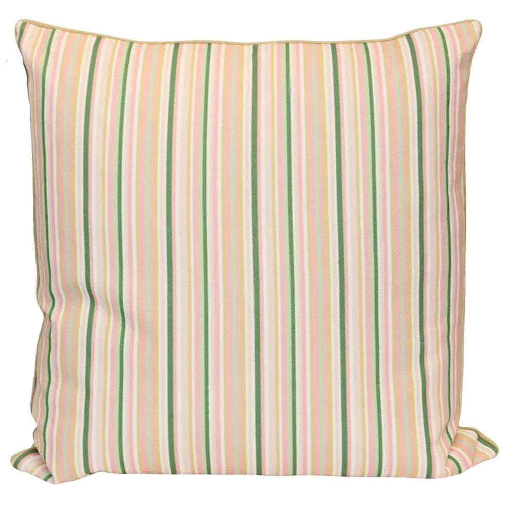 Striped multicolor duck feather decorative pillow by Tamara Day featuring vertical pink, green, and cream stripes.