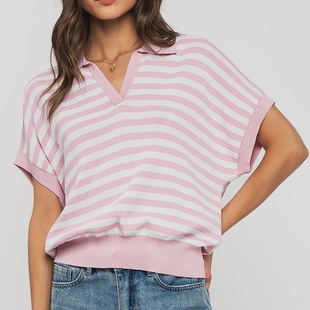 Pink and white striped v-neck polo knit top with short dolman sleeves and ribbed trim.